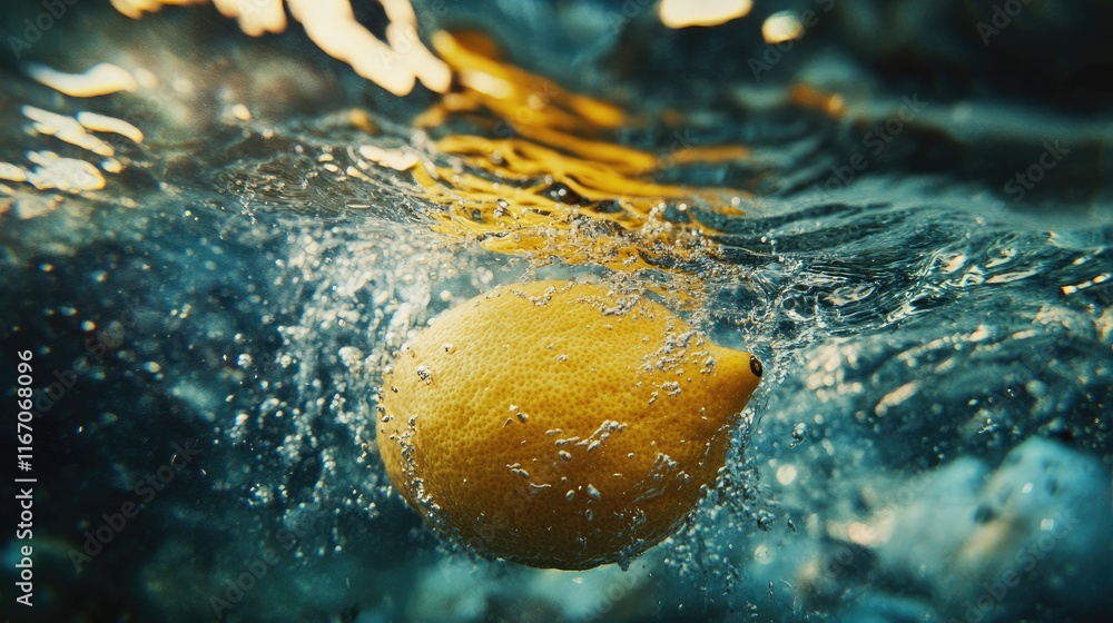 Poster lemon submerged in water creating dynamic splashes and bubbles in a macro shot showcasing vibrant co