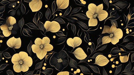 Elegant Gold Floral Pattern on Black Background - Luxurious Design