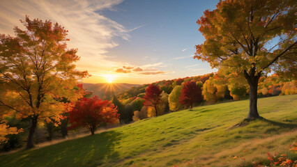 Fototapeta premium Autumn beauty at its finest. A breathtaking landscape of vibrant fall colors against a backdrop of a golden sunset.