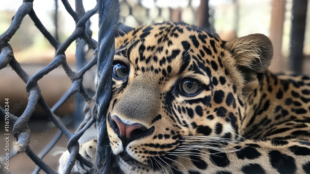 Poster leopard resting behind bars in a zoo habitat with captivating gaze and distinctive spotted fur patte