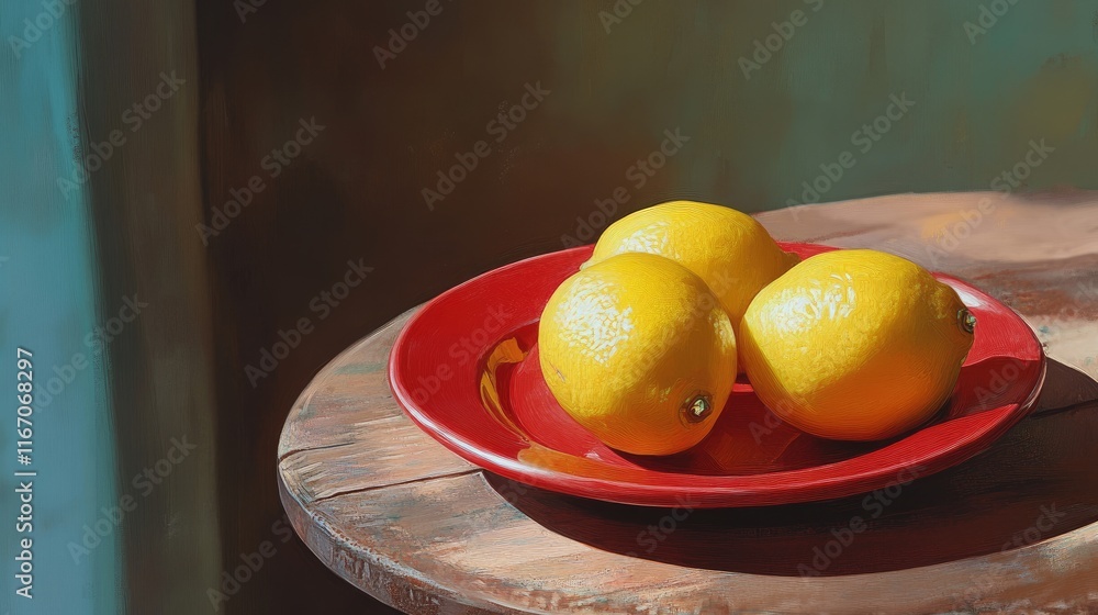 Poster lemons on a vibrant red plate displayed on a rustic wooden board in a closeup setting showcasing nat