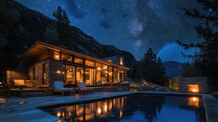 Fototapeta premium Serene luxury retreat with heated infinity pool under starry sky and mountain backdrop at night for relaxation and tranquility