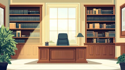 Sunlit executive office with large desk, bookshelves, and plants.