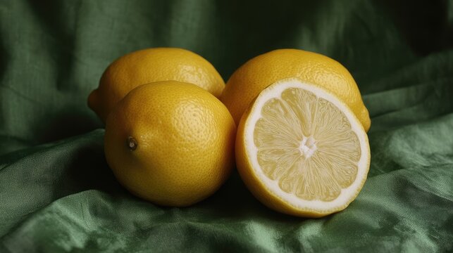 fresh lemons on a vibrant green silk background showcasing their bright color and texture ideal for food and wellness themes