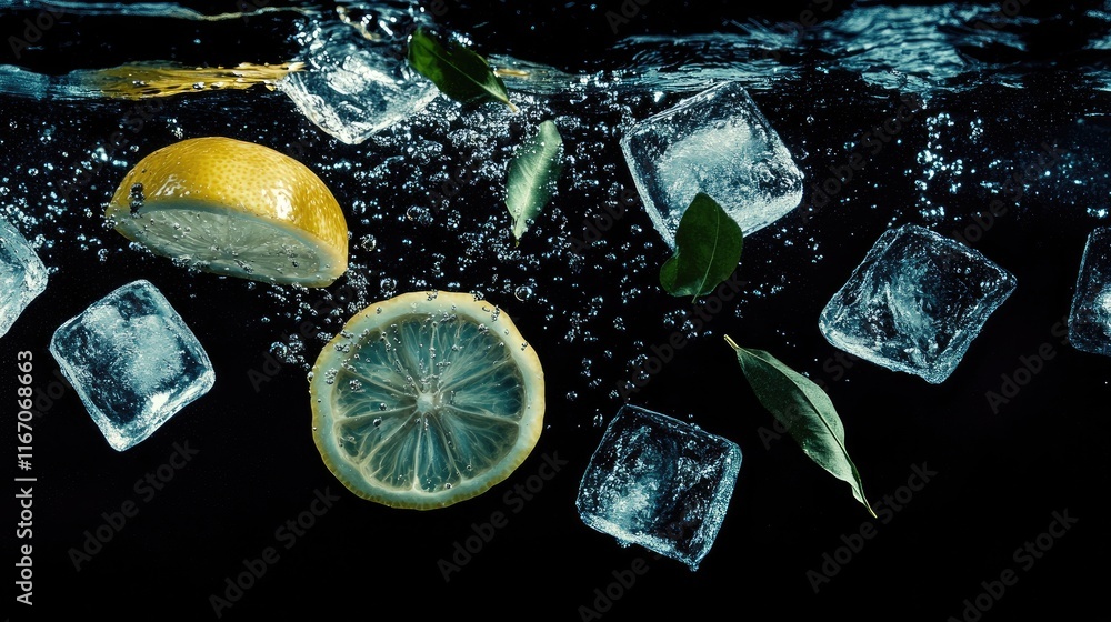 Poster refreshing lemon slices and ice cubes submerged in water with floating leaves creating a vibrant and