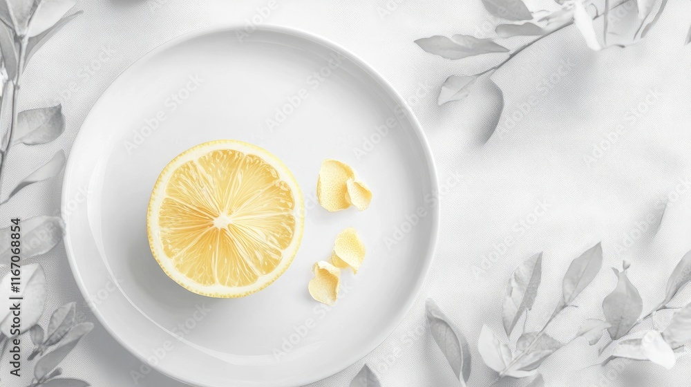 Poster fresh lemon slice on a minimalistic white plate with delicate petals and soft foliage creating a ser