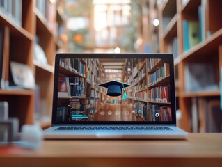 Laptop, books, and graduation cap icon in library setting for back to school online learning