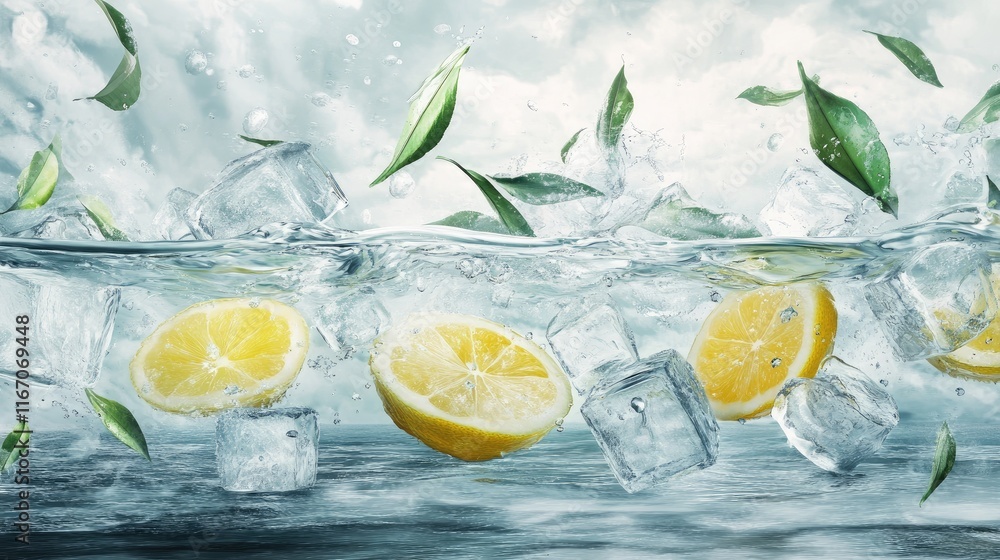 Poster lemon slices ice cubes and leaves submerged underwater creating a refreshing and vibrant natural sce