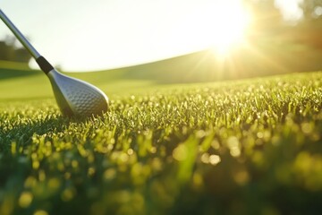 Eye catching banner showcasing immaculate golf course grass, sunlight, and irons club with ball