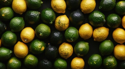 Close up of assorted yellow and green lemons arranged on a dark background ideal for refreshing drinks cocktails or culinary inspiration
