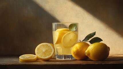 Lemons with a refreshing glass of lemonade on a rustic wooden table in soft lighting creating a warm and inviting atmosphere