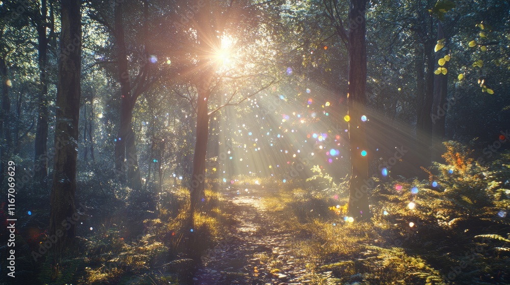 Poster magical forest scene with magical lens flare and sunlight filtering through trees creating a serene 