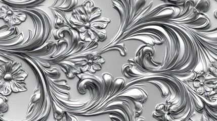 Silver Floral Rococo Design, Ornate Elegant Background Pattern