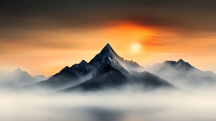 Obraz premium Serene winter mountain landscape at dawn, crystalline snowflakes dancing in golden light, minimalist composition with layered peaks disappearing into mist Ultra-Realistic, Photo Realistic, highly 