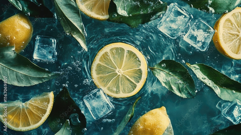 Poster lemon slices ice cubes and leaves floating in refreshing deep water scene