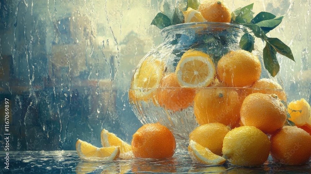 Poster vibrant lemons and oranges in a water-filled vase with droplets on glass creating a refreshing and c
