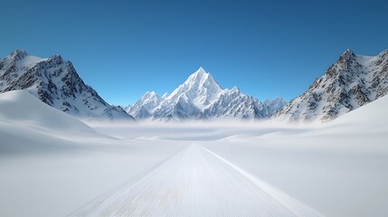 Tranquil winter wonderland with snow-laden peaks, soft morning light creating subtle shadows, ethereal mist rolling through valleys Ultra-Realistic, Photo Realistic, highly detailed, 