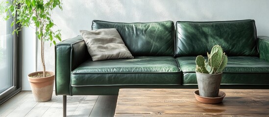 Elegant green leather sofa and wooden coffee table in stylish interior with plants for sophisticated home decor inspiration