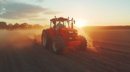 Fototapeta premium Tractor in a golden Maryland field at sunset, warm hues illuminating the landscape, symbolizing rural life and the beauty of farming at day's end.