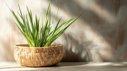Lemongrass in a woven basket with natural light shadow against a rustic wooden background for wellness and culinary themes