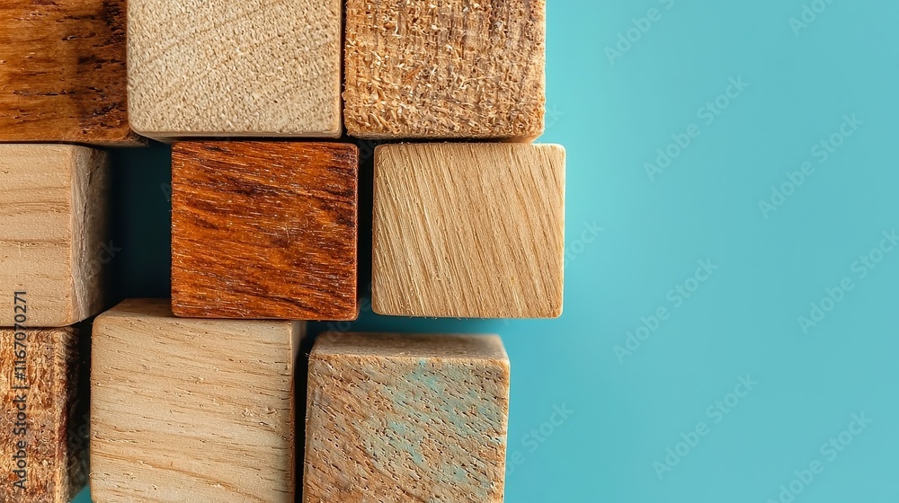 Poster wooden blocks interlinked on a vibrant blue backdrop, symbolizing collaboration and unity in teamwor