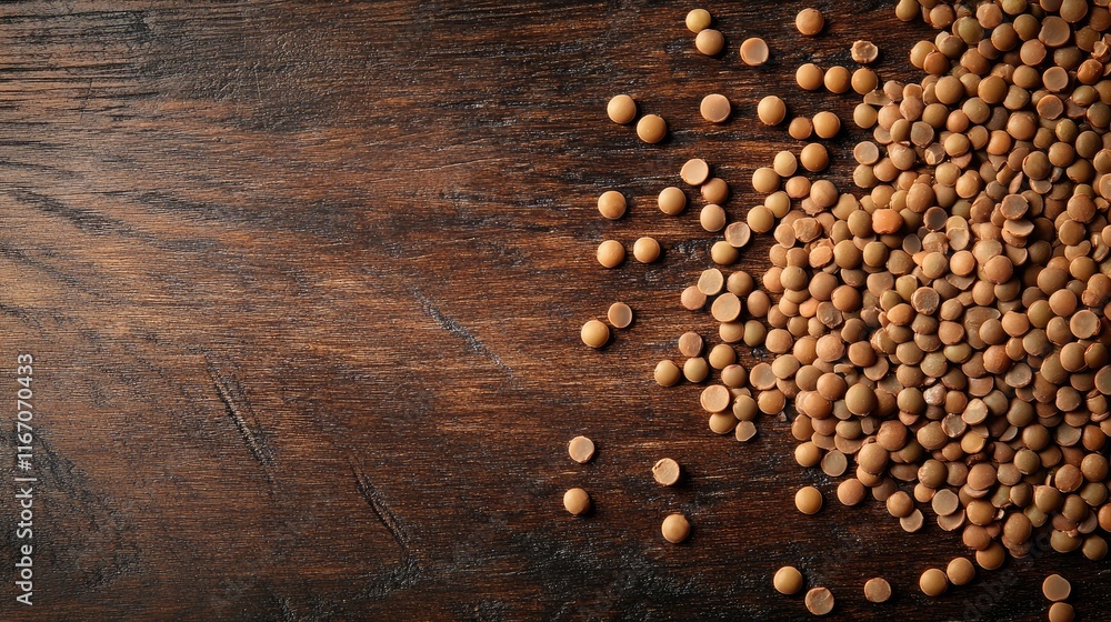 Aufkleber lentils scattered on rustic wooden surface in detailed macro view highlighting texture and natural c