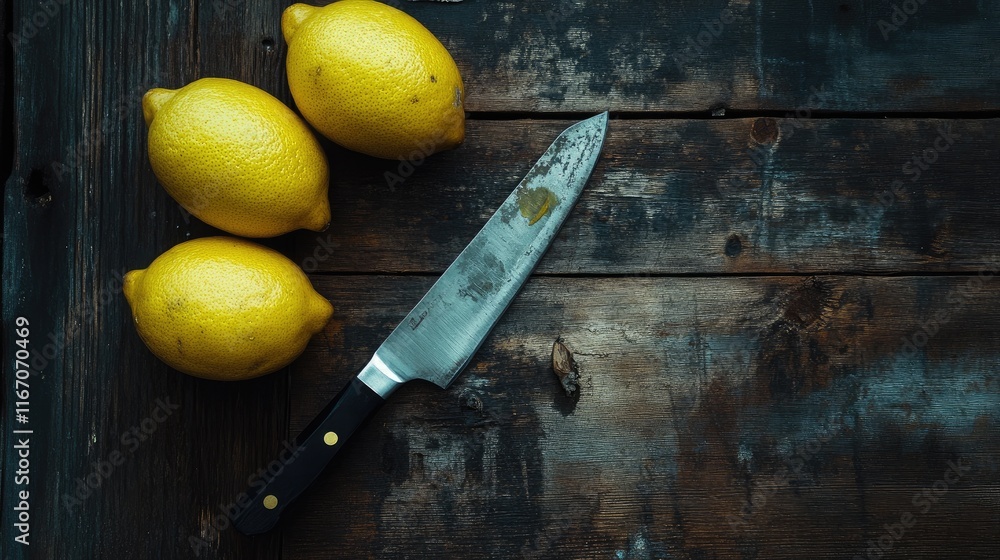 Poster fresh lemons with a sharp knife on rustic wooden background for culinary and food preparation concep