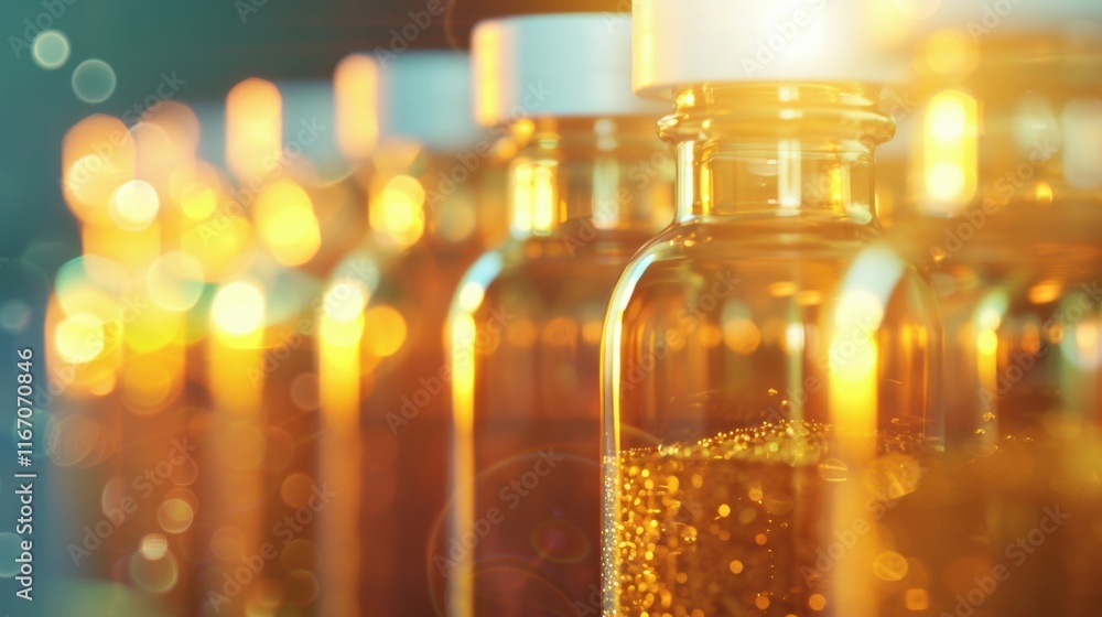 Poster sunshine filters through golden vials, highlighting their shimmering contents and creating an enchan