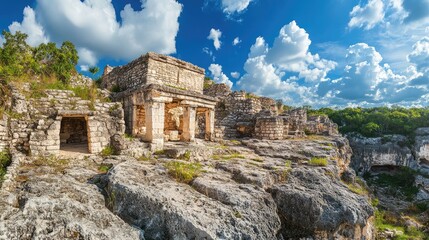 Historic town highlighted by ancient stone structures amid limestone cliffs under a vibrant blue sky with fluffy clouds.