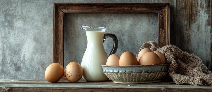 Spring breakfast still life featuring chicken eggs glass of milk ceramic jug arranged in a rustic wooden frame perfect for farmhouse decor
