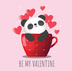 Be my Valentine - cute panda in the mug with hearts for Valentine´s day. Vector illustration
