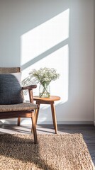 Serene corner with woven armchair and fresh flowers in soft light