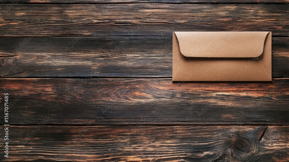 Poster brown envelope on rustic wooden surface with copy space for communication or correspondence concepts