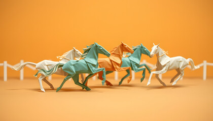Fototapeta premium course de chevaux - horse racing, origami. isolated with white highlights