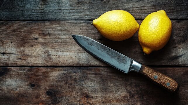 Lemons and a rustic knife on a wooden background showcasing fresh citrus and kitchen tools for culinary themes