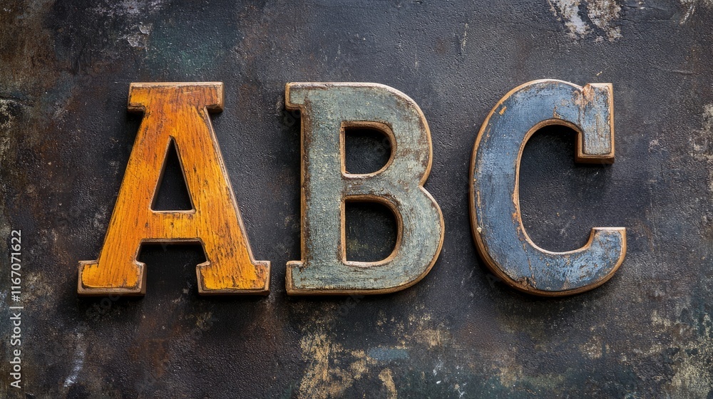 Poster Vintage styled alphabet letters A B and C on textured dark background suitable for typography design and educational themes.