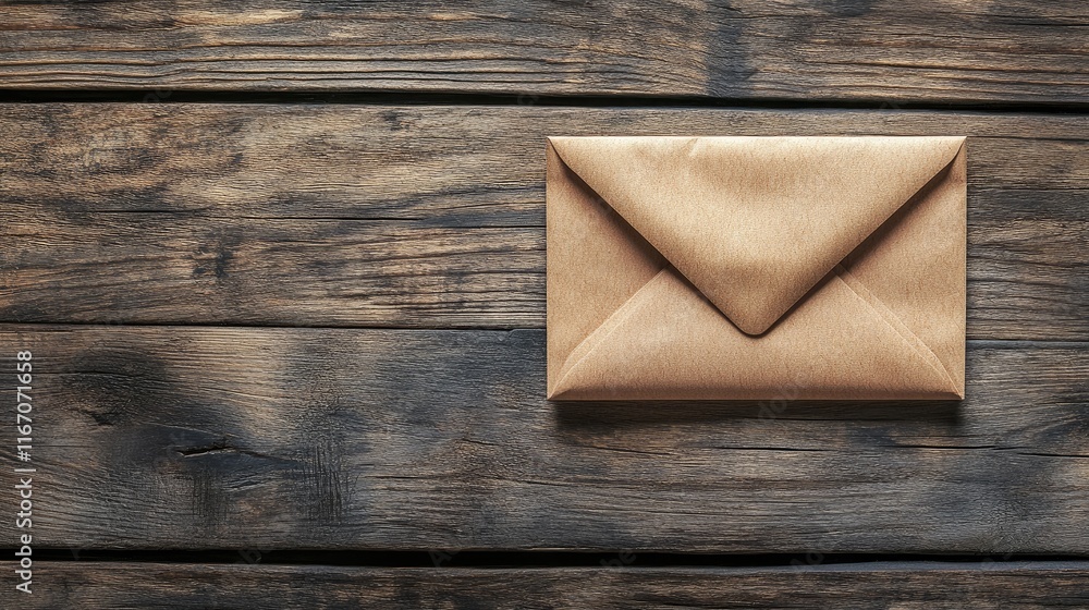 Poster Brown envelope on rustic wooden surface with blank space for text or message top view background