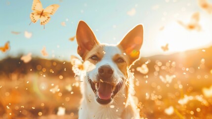 Joyful dog playfully interacting with butterflies during a warm sunset in an open grassy field, creating a delightful atmosphere