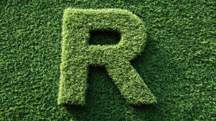 Letter R shaped from artificial grass on a vibrant green background suitable for nature or gardening themes.