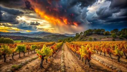 Dramatic Stormy Weather over Priorat Grapevines, Tarragona, Catalonia, Spain