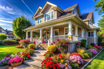Fototapeta premium Dream Home Exterior: Charming Curb Appeal with Lush Landscaping and Vibrant Flowers