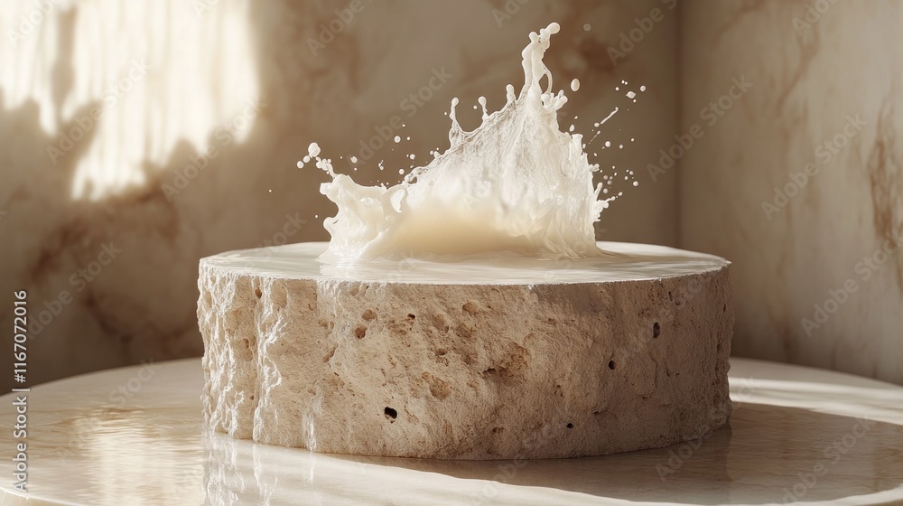 Aufkleber minimalist cream product display with dynamic milk splash on soft light background for skincare adve