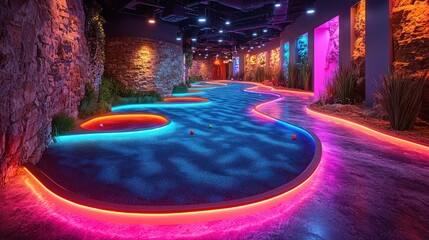 Colorful indoor mini-golf course with vibrant lighting.