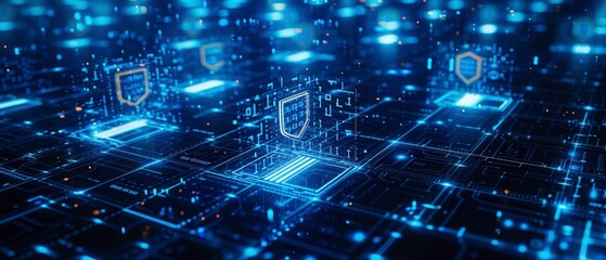 Obraz premium Blue Cyber Security Shields on Digital Network.