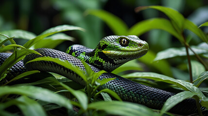 Obraz premium Green snake hiding in the tree 