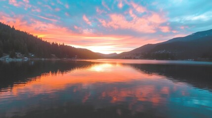 Vibrant hues fill the sky at sunset, mirrored perfectly on the calm surface of a mountain lake surrounded by trees and hills