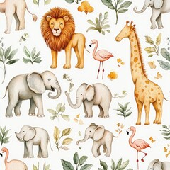 Naklejka premium Watercolor African Animals Pattern Featuring Lion Giraffe Elephant Flamingos Safari Nature Background