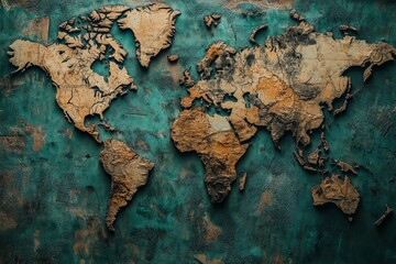 World map textured relief, teal background.