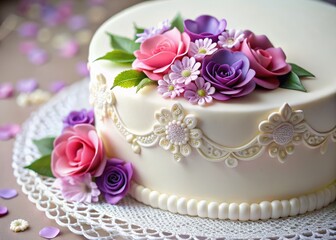 Naklejka premium Elegant White Fondant Cake with Pink & Purple Sugar Flowers and Lace Border - Stock Photo