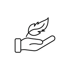 Lightweight Feather on Hand Line Icon. Soft Delicate Sensitive Plumelet Linear Pictogram. Light Weight Outline Symbol. Easy Smooth Feather. Editable